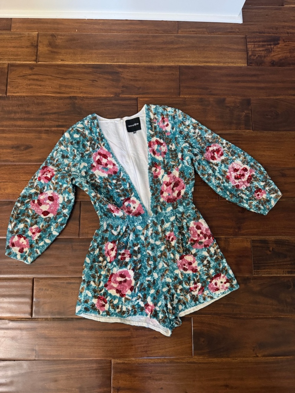 $450 Retrofete Teal Sequin Floral V-Neck Romper with Pink floral Accents XS